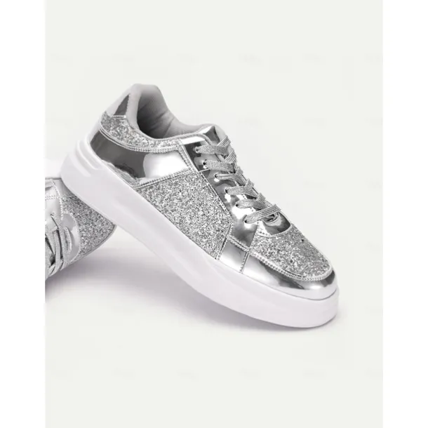 Women's Silver Glitter and Metallic Sneakers – Trendy Lace-Up Shoes for Parties and Casual Wear
