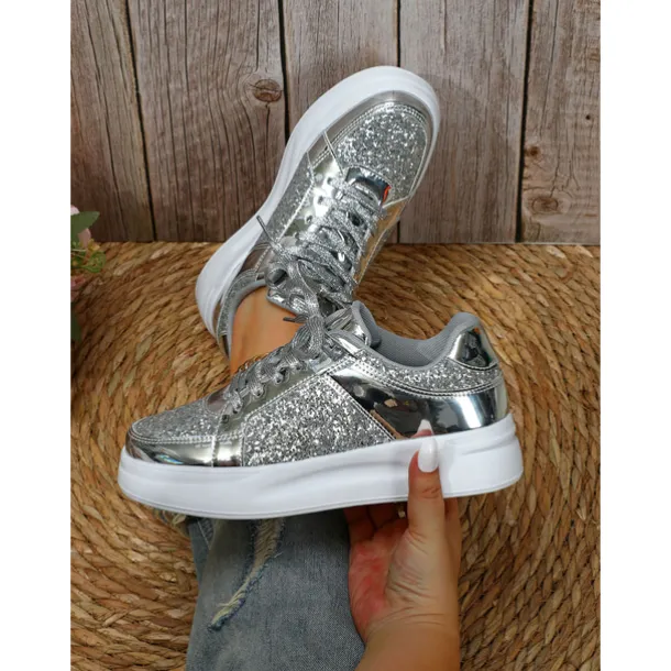 Women's Silver Glitter and Metallic Sneakers – Trendy Lace-Up Shoes for Parties and Casual Wear
