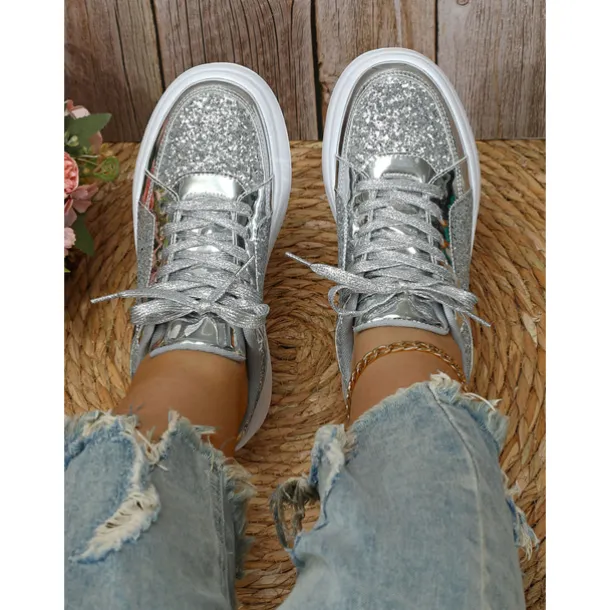 Women's Silver Glitter and Metallic Sneakers – Trendy Lace-Up Shoes for Parties and Casual Wear