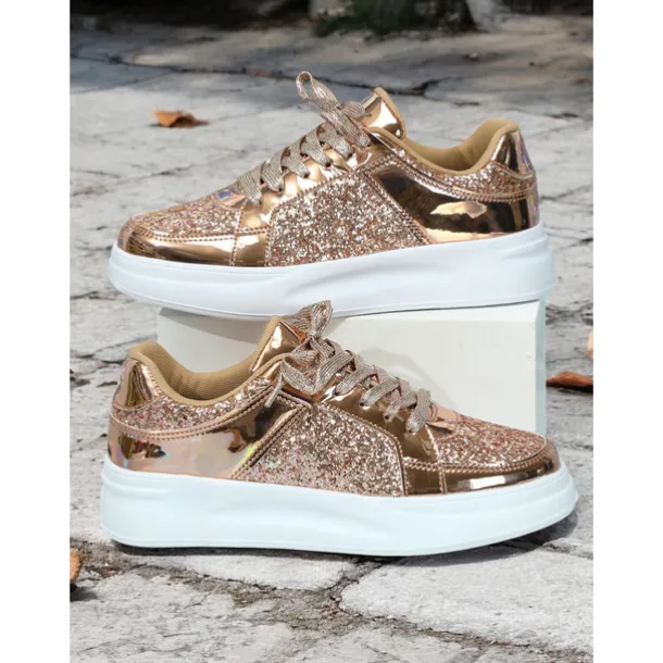 Women's Silver Glitter and Metallic Sneakers – Trendy Lace-Up Shoes for Parties and Casual Wear