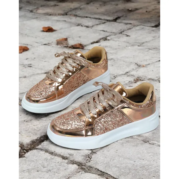 Women's Silver Glitter and Metallic Sneakers – Trendy Lace-Up Shoes for Parties and Casual Wear
