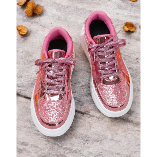 Women's Silver Glitter and Metallic Sneakers – Trendy Lace-Up Shoes for Parties and Casual Wear