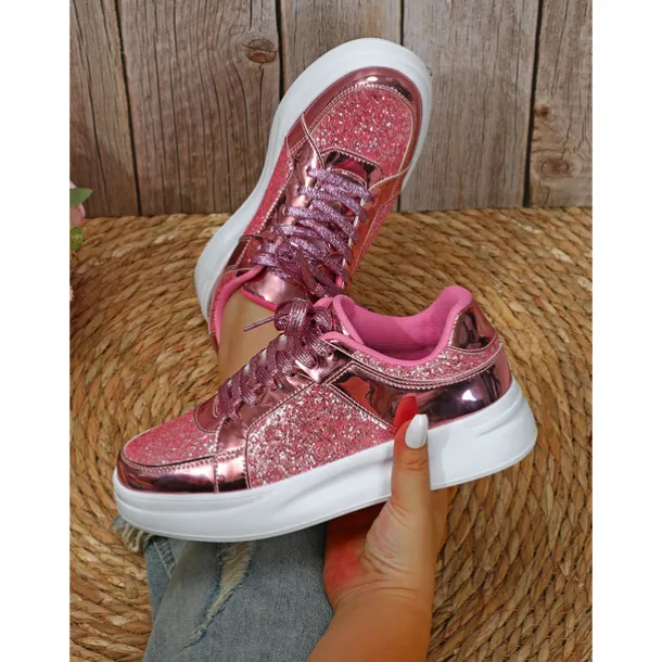 Women's Silver Glitter and Metallic Sneakers – Trendy Lace-Up Shoes for Parties and Casual Wear