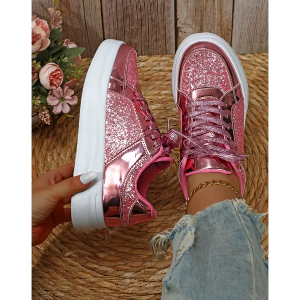 Women's Silver Glitter and Metallic Sneakers – Trendy Lace-Up Shoes for Parties and Casual Wear