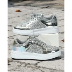 Women's Silver Glitter and Metallic Sneakers – Trendy Lace-Up Shoes for Parties and Casual Wear