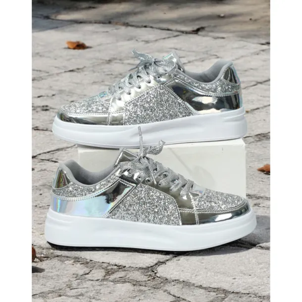 Women's Silver Glitter and Metallic Sneakers – Trendy Lace-Up Shoes for Parties and Casual Wear