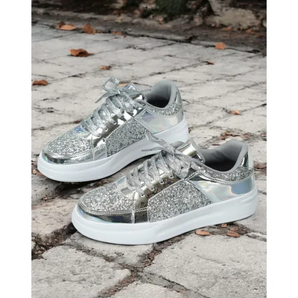 Women's Silver Glitter and Metallic Sneakers – Trendy Lace-Up Shoes for Parties and Casual Wear