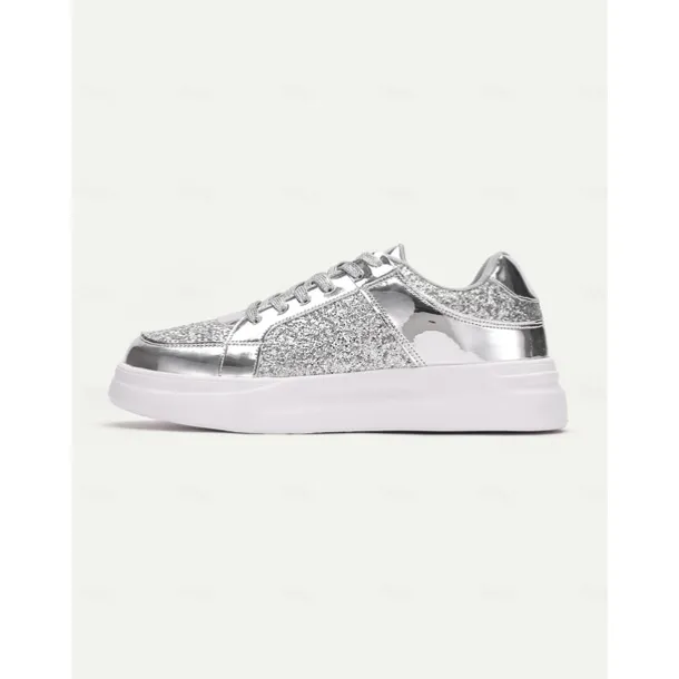 Women's Silver Glitter and Metallic Sneakers – Trendy Lace-Up Shoes for Parties and Casual Wear