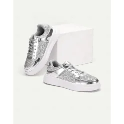 Women's Silver Glitter and Metallic Sneakers – Trendy Lace-Up Shoes for Parties and Casual Wear