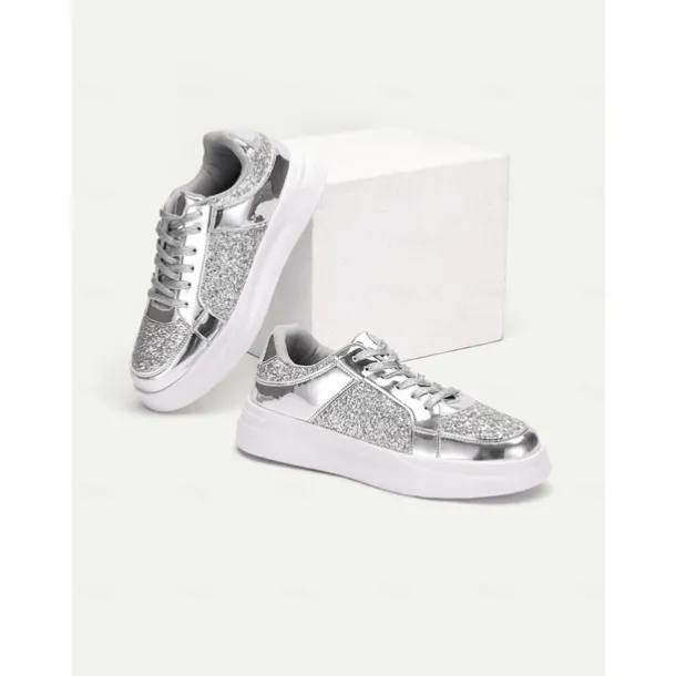 Women's Silver Glitter and Metallic Sneakers – Trendy Lace-Up Shoes for Parties and Casual Wear