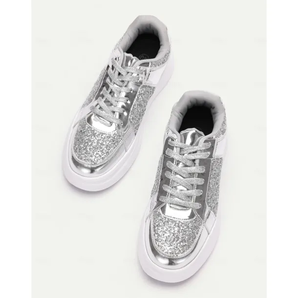 Women's Silver Glitter and Metallic Sneakers – Trendy Lace-Up Shoes for Parties and Casual Wear