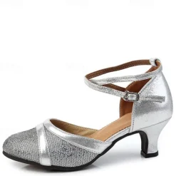 Women's Silver Glitter Ballroom Dance Shoes – Strappy Kitten Heel Latin Dance Heels for Salsa, Tango, and Party Performances