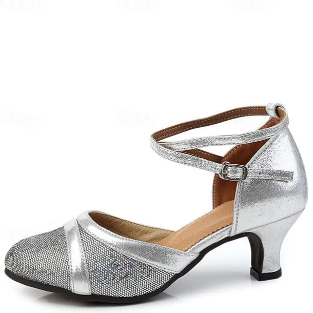Women's Silver Glitter Ballroom Dance Shoes – Strappy Kitten Heel Latin Dance Heels for Salsa, Tango, and Party Performances