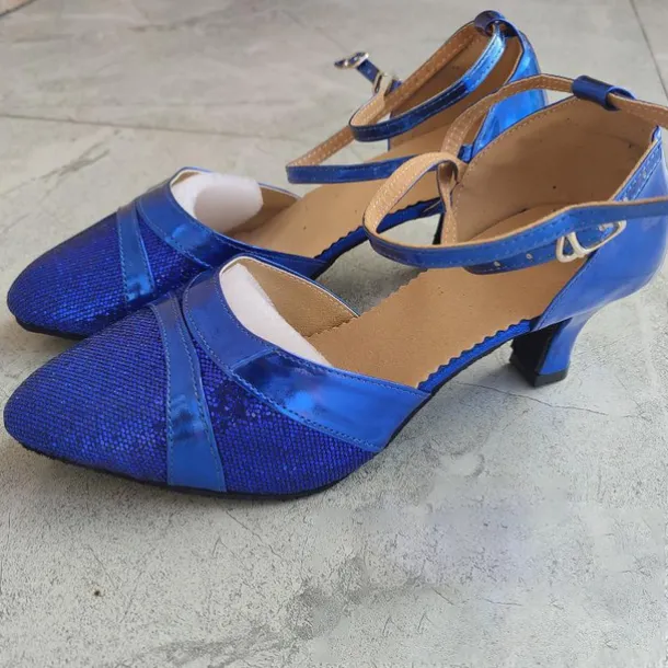 Women's Silver Glitter Ballroom Dance Shoes – Strappy Kitten Heel Latin Dance Heels for Salsa, Tango, and Party Performances
