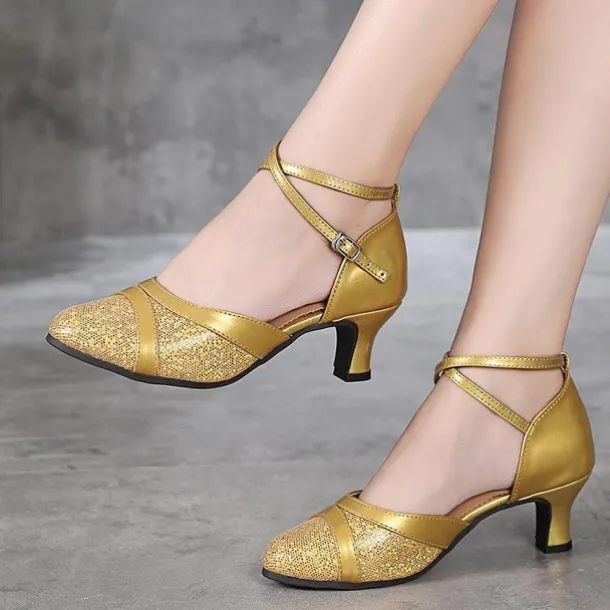 Women's Silver Glitter Ballroom Dance Shoes – Strappy Kitten Heel Latin Dance Heels for Salsa, Tango, and Party Performances