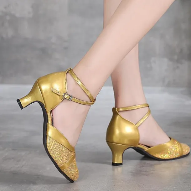 Women's Silver Glitter Ballroom Dance Shoes – Strappy Kitten Heel Latin Dance Heels for Salsa, Tango, and Party Performances