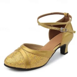 Women's Silver Glitter Ballroom Dance Shoes – Strappy Kitten Heel Latin Dance Heels for Salsa, Tango, and Party Performances