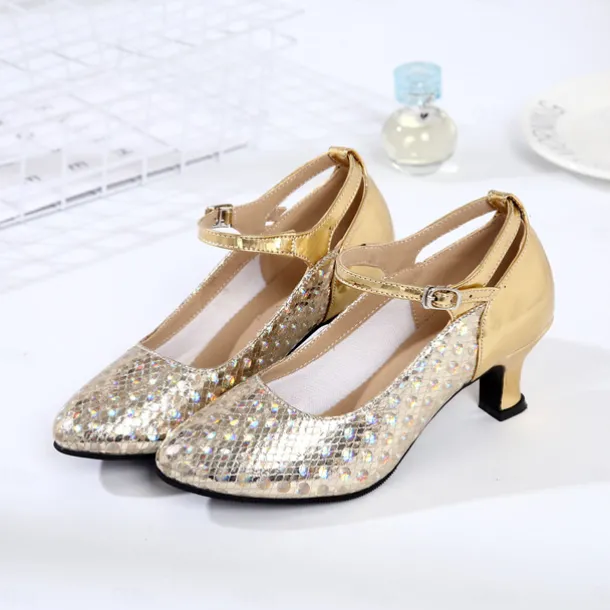 Women's Silver Glitter Ballroom Dance Shoes with Mary Jane Strap, Closed-Toe Heels for Latin and Salsa Dancing