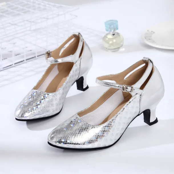 Women's Silver Glitter Ballroom Dance Shoes with Mary Jane Strap, Closed-Toe Heels for Latin and Salsa Dancing