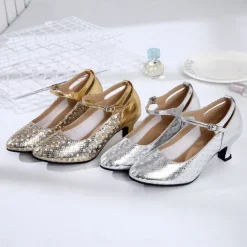 Women's Silver Glitter Ballroom Dance Shoes with Mary Jane Strap, Closed-Toe Heels for Latin and Salsa Dancing