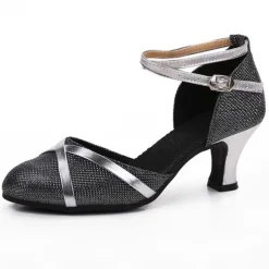 Women's Silver Glitter Ballroom Dance Shoes – Low Heel Latin Salsa Tango Shoes with Ankle Strap and Soft Suede Sole for Performance & Competition
