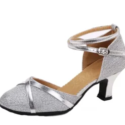 Women's Silver Glitter Ballroom Dance Shoes – Low Heel Latin Salsa Tango Shoes with Ankle Strap and Soft Suede Sole for Performance & Competition