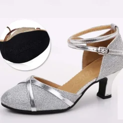 Women's Silver Glitter Ballroom Dance Shoes – Low Heel Latin Salsa Tango Shoes with Ankle Strap and Soft Suede Sole for Performance & Competition