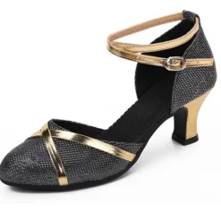 Women's Silver Glitter Ballroom Dance Shoes – Low Heel Latin Salsa Tango Shoes with Ankle Strap and Soft Suede Sole for Performance & Competition