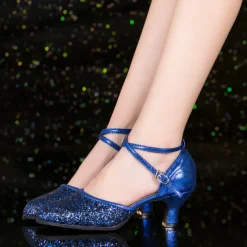 Women's Silver Glitter Dance Shoes – Low Heel Ballroom & Latin Performance Shoes with Cross-Strap for Salsa, Tango & Party Events