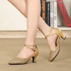 Women's Silver Glitter Dance Shoes – Low Heel Ballroom & Latin Performance Shoes with Cross-Strap for Salsa, Tango & Party Events