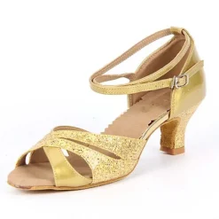 Women's Silver Glitter Dance Shoes with Low Heels and Ankle Straps – Perfect for Ballroom, Latin, and Party Events