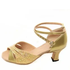 Women's Silver Glitter Dance Shoes with Low Heels and Ankle Straps – Perfect for Ballroom, Latin, and Party Events