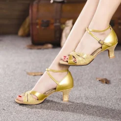 Women's Silver Glitter Dance Shoes with Low Heels and Ankle Straps – Perfect for Ballroom, Latin, and Party Events