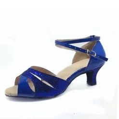 Women's Silver Glitter Dance Shoes with Low Heels and Ankle Straps – Perfect for Ballroom, Latin, and Party Events