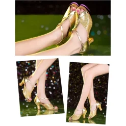 Women's Silver Glitter Dance Heels with T-Strap and Open-Toe Design – Elegant Shoes for Ballroom, Latin, and Party Performances