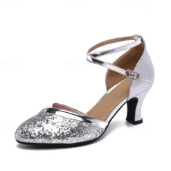 Women's Silver Glitter Satin Dance Shoes with Cross-Strap Design, Perfect Heels for Ballroom and Latin Dancing