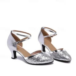 Women's Silver Glitter Satin Dance Shoes with Cross-Strap Design, Perfect Heels for Ballroom and Latin Dancing