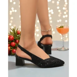 Women's Silver Glitter Slingback Pumps - Sparkly Low Block Heel Party Shoes for Nightlife and Evening Events