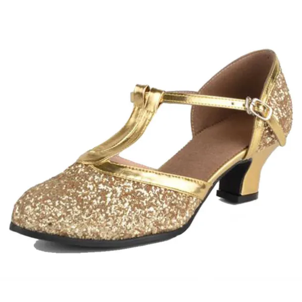 Women's Silver Glitter T-Strap Dance Shoes – Low Heel Ballroom Latin Performance Sandals for Weddings and Parties