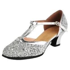 Women's Silver Glitter T-Strap Dance Shoes – Low Heel Ballroom Latin Performance Sandals for Weddings and Parties