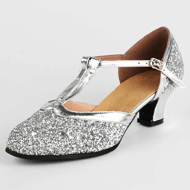 Women's Silver Glitter T-Strap Dance Shoes – Low Heel Ballroom Latin Performance Sandals for Weddings and Parties