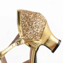 Women's Silver Glitter T-Strap Dance Shoes – Low Heel Ballroom Latin Performance Sandals for Weddings and Parties