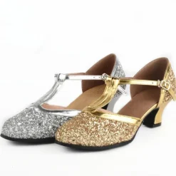 Women's Silver Glitter T-Strap Dance Shoes – Low Heel Ballroom Latin Performance Sandals for Weddings and Parties