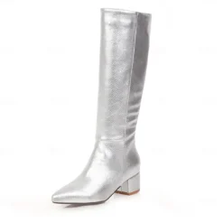 Women's Silver Metallic Faux Leather Knee-High Boots, Modern Pointed-Toe Design for Fashionable Street Style and Evening Outfits