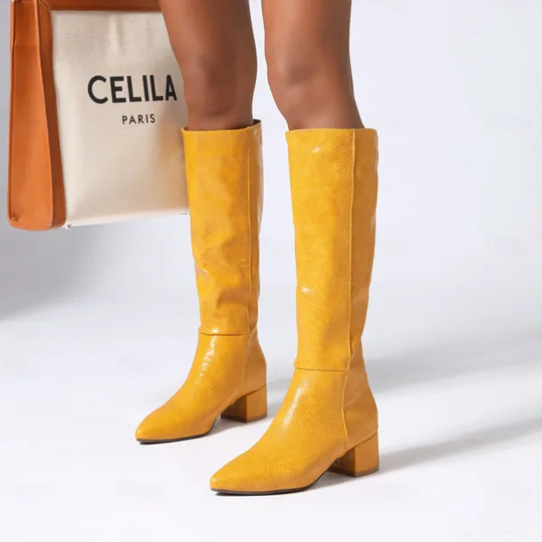 Women's Silver Metallic Faux Leather Knee-High Boots, Modern Pointed-Toe Design for Fashionable Street Style and Evening Outfits