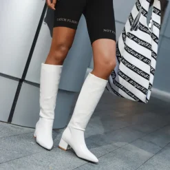 Women's Silver Metallic Faux Leather Knee-High Boots, Modern Pointed-Toe Design for Fashionable Street Style and Evening Outfits