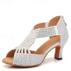 Women's Silver Rhinestone Latin Dance Sandals with Strappy Design, Soft Suede Sole and Mid Heels for Ballroom and Performance