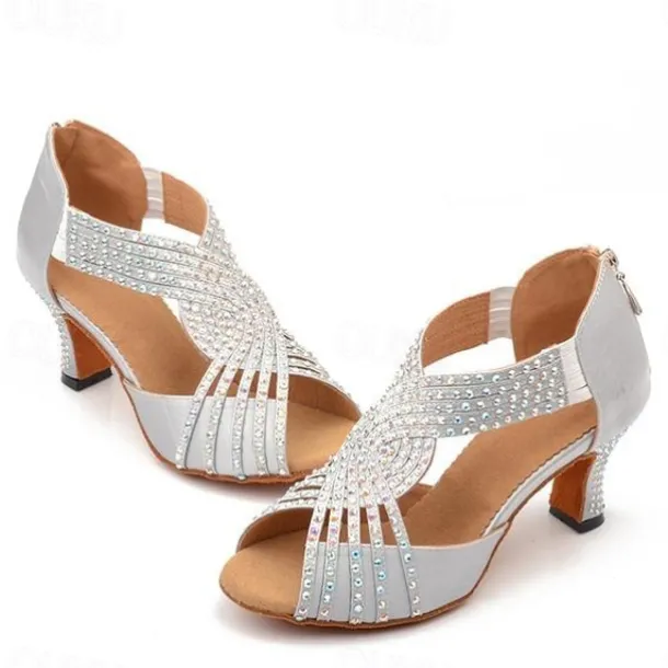 Women's Silver Rhinestone Latin Dance Sandals with Strappy Design, Soft Suede Sole and Mid Heels for Ballroom and Performance