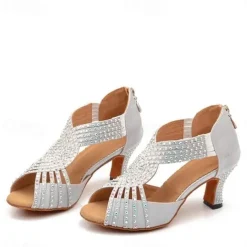 Women's Silver Rhinestone Latin Dance Sandals with Strappy Design, Soft Suede Sole and Mid Heels for Ballroom and Performance