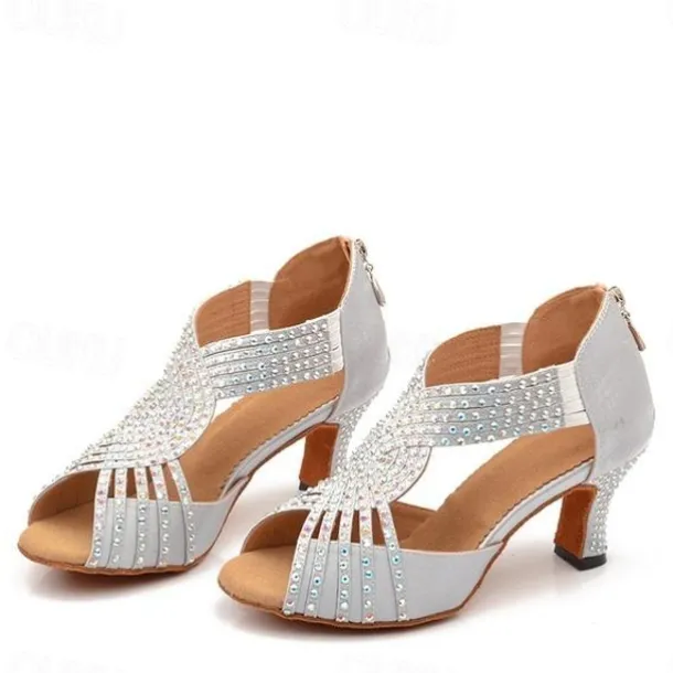 Women's Silver Rhinestone Latin Dance Sandals with Strappy Design, Soft Suede Sole and Mid Heels for Ballroom and Performance